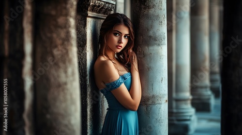 A woman in a blue dress leaning against some pillars