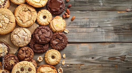 A scrumptious selection of assorted cookies and delightful treats beautifully arranged on a rustic wooden table