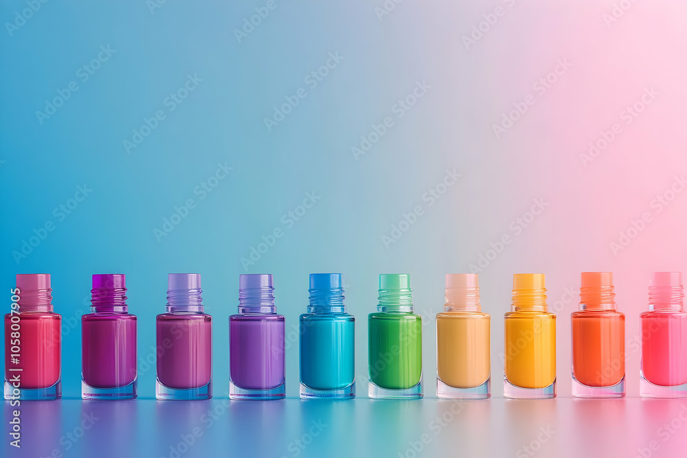 A vibrant display of colorful nail polish bottles arranged in gradient on a soft background A vibrant display of colorful nail polish bottles arranged in gradient on a soft background