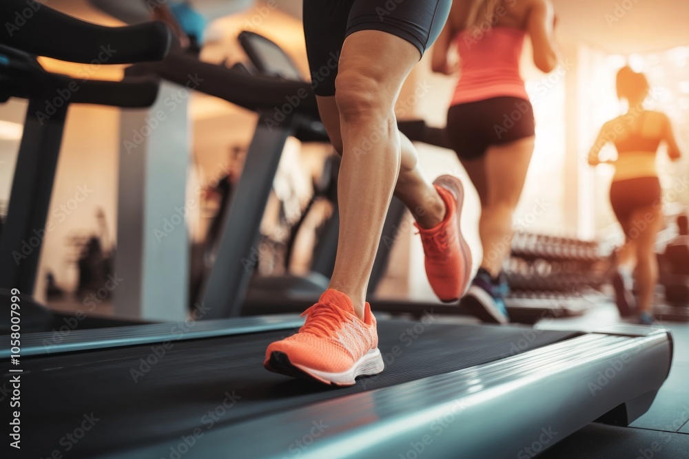 High-resolution photograph of people running on treadmills in a gym setting, showcasing a dynamic fitness environment with full-body views and an energetic atmosphere. High-resolution photograph of people running on treadmills in a gym setting, showcasing a dynamic fitness environment with full-body views and an energetic atmosphere.