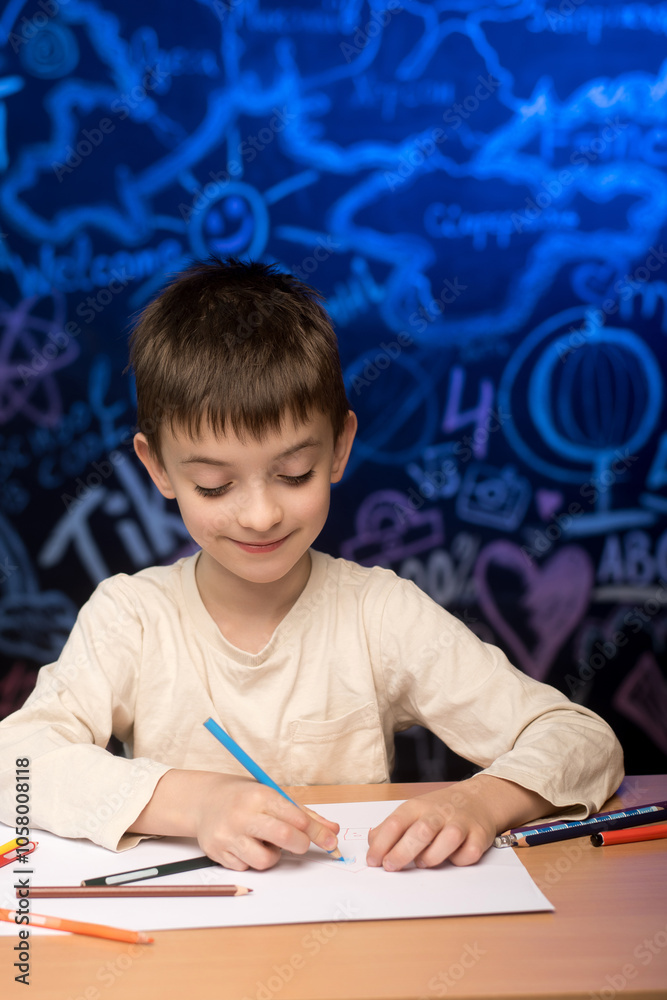 A child in a classroom setting, holding pencils and looking contemplative. The chalkboard behind is filled with educational drawings and formulas. Perfect for school, education, and childhood themes. A child in a classroom setting, holding pencils and looking contemplative. The chalkboard behind is filled with educational drawings and formulas. Perfect for school, education, and childhood themes.