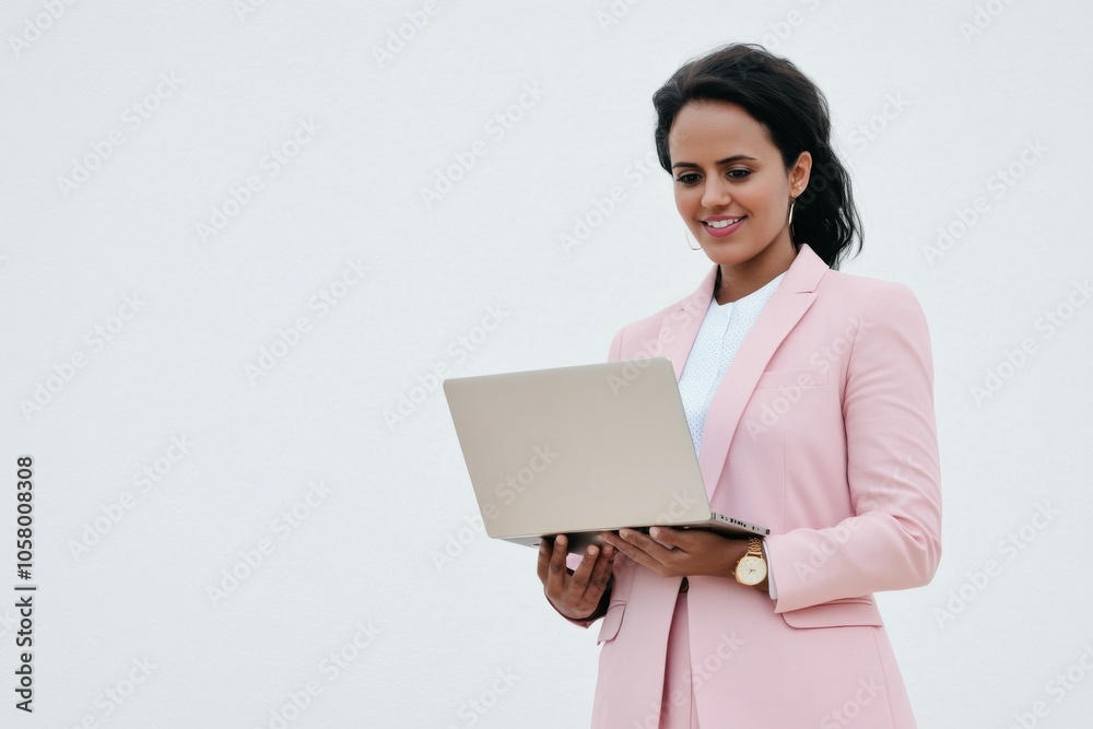 Young smiling businesswoman in a pastel pink suit holding a laptop, standing against a white background, representing digital marketing and online work, with space for text, showcasing a modern and pr Young smiling businesswoman in a pastel pink suit holding a laptop, standing against a white background, representing digital marketing and online work, with space for text, showcasing a modern and pr