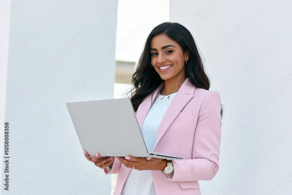 Young smiling businesswoman in a pastel pink suit holding a laptop, standing against a white background, representing digital marketing and online work, with space for text, showcasing a modern and pr Young smiling businesswoman in a pastel pink suit holding a laptop, standing against a white background, representing digital marketing and online work, with space for text, showcasing a modern and pr