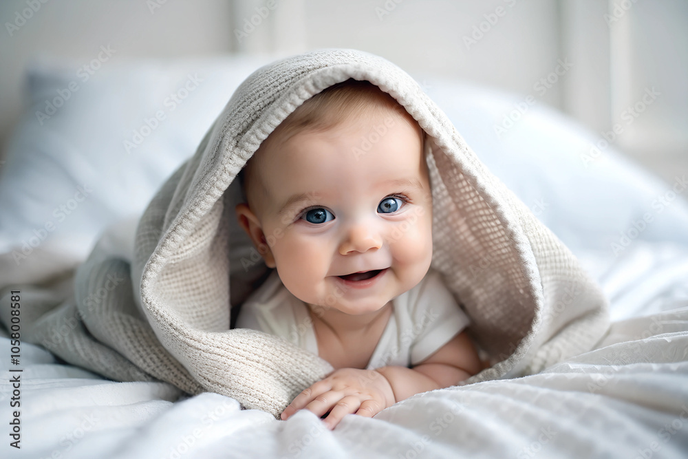 Baby, child, kid. Portrait of a little baby ,boy or girl covered by a blanket. Adorable, baby boy or girl with a charming, sweet smile ,in a bed. Realistic minimalistic ,style photo Baby, child, kid. Portrait of a little baby ,boy or girl covered by a blanket. Adorable, baby boy or girl with a charming, sweet smile ,in a bed. Realistic minimalistic ,style photo