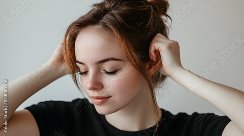 A woman with a black shirt and brown hair