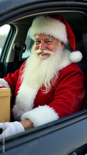 Santa Claus drives a sports car at Christmas and delivers gifts. For New Year Celebrations.