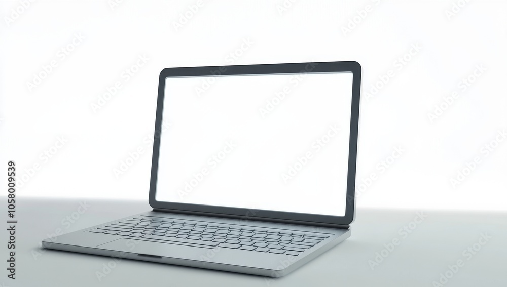 Ultra-realistic 3D render of a laptop with blank screen, set on a white background under soft studio lighting, showcasing detailed modern design. Ultra-realistic 3D render of a laptop with blank screen, set on a white background under soft studio lighting, showcasing detailed modern design.