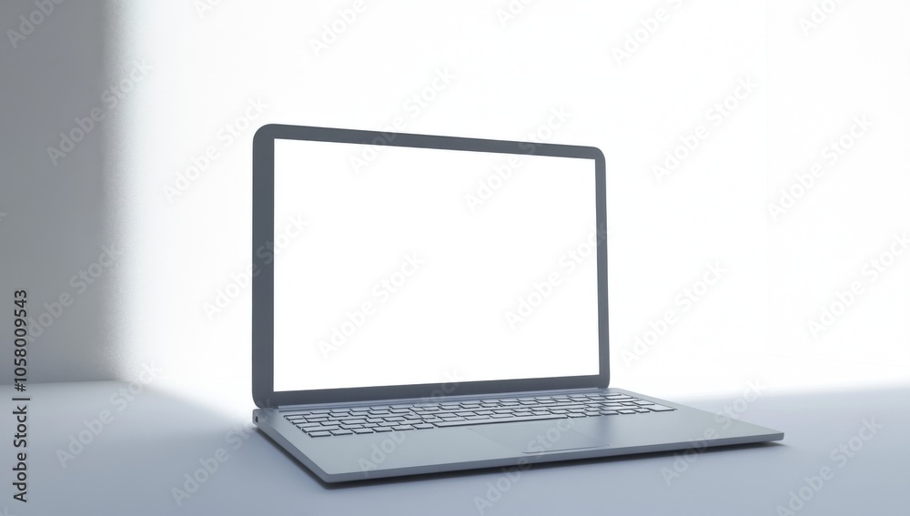 Ultra-realistic 3D render of a laptop with blank screen, set on a white background under soft studio lighting, showcasing detailed modern design. Ultra-realistic 3D render of a laptop with blank screen, set on a white background under soft studio lighting, showcasing detailed modern design.
