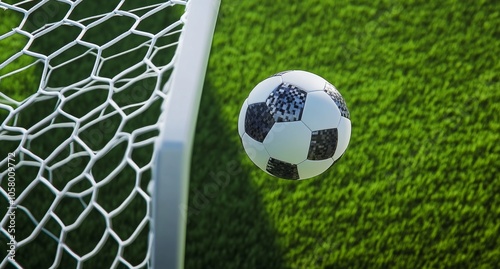 Soccer ball flying into the goal, captured in a close-up, top-down perspective on green grass using Sony Alpha A9 II and Sony FE 20-60mm f/4-5.6 G OSS lens for a hyper-realistic, ultra-detailed view.
