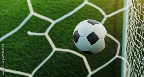 Soccer ball flying into the goal, captured in a close-up, top-down perspective on green grass using Sony Alpha A9 II and Sony FE 20-60mm f/4-5.6 G OSS lens for a hyper-realistic, ultra-detailed view.