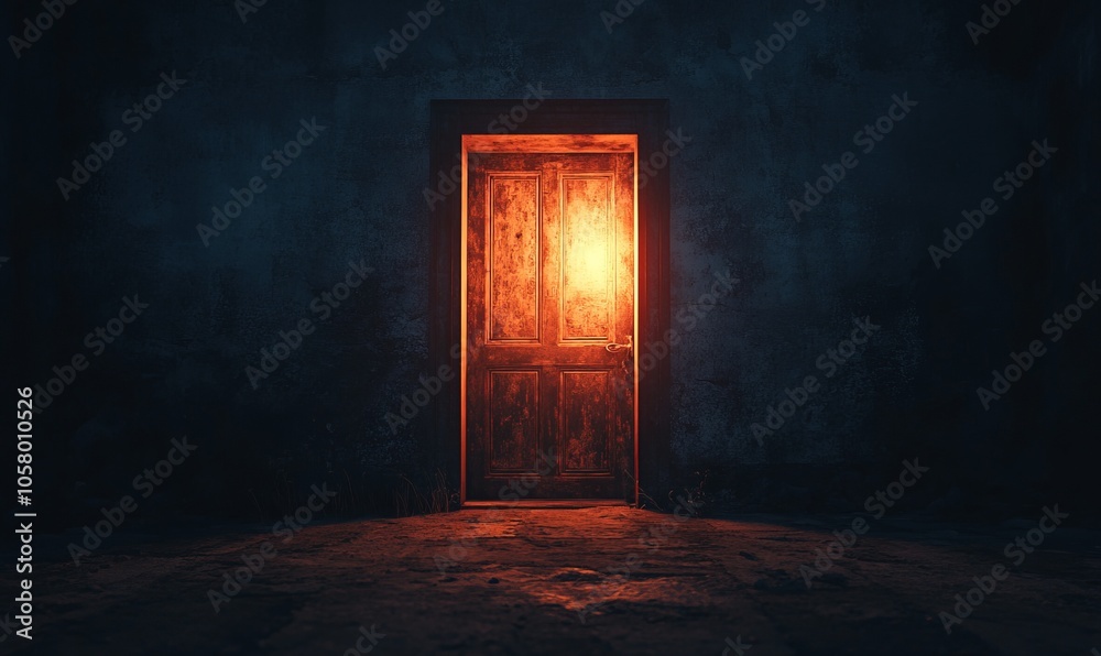 An illuminated door stands in darkness, symbolizing opportunities and new beginnings in a mysterious atmosphere An illuminated door stands in darkness, symbolizing opportunities and new beginnings in a mysterious atmosphere