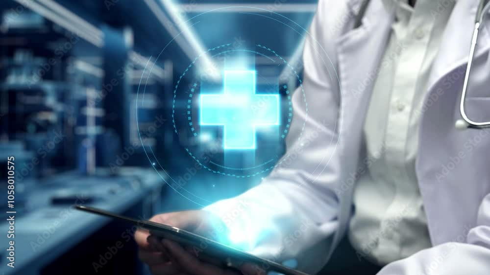 Close up of doctor picking medical cross hologram and importing in tablet while hologram float from tablet. General practitioner accessing and checking healthcare system by using technology. Remedial. Close up of doctor picking medical cross hologram and importing in tablet while hologram float from tablet. General practitioner accessing and checking healthcare system by using technology. Remedial.