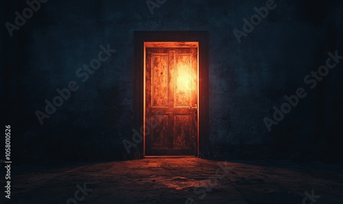 An illuminated door stands in darkness, symbolizing opportunities and new beginnings in a mysterious atmosphere