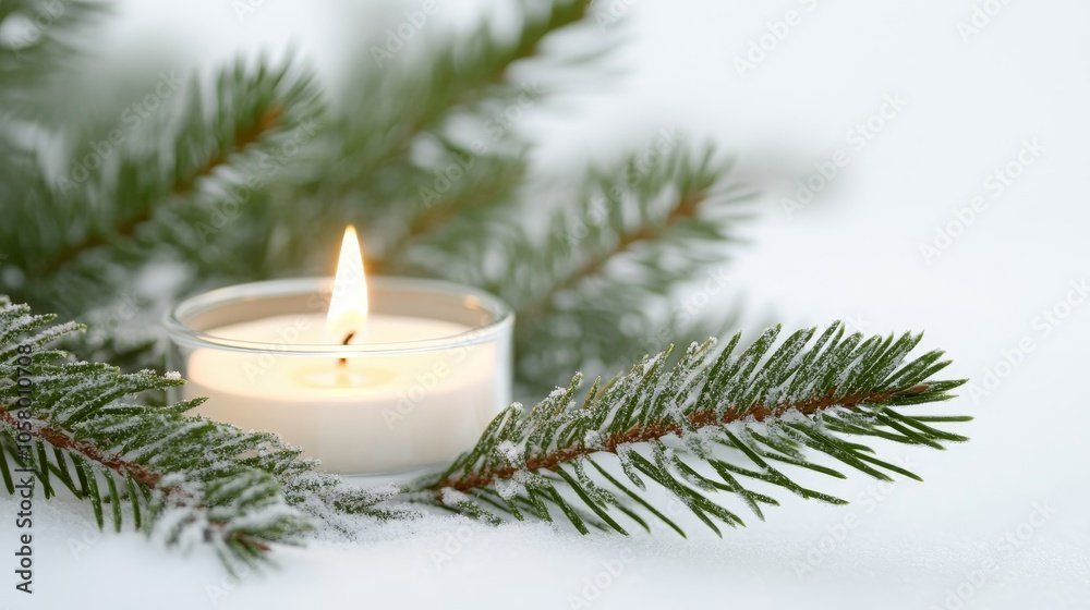 A close-up of an evergreen branch with a lit candle placed on snow, creating a serene winter atmosphere A close-up of an evergreen branch with a lit candle placed on snow, creating a serene winter atmosphere