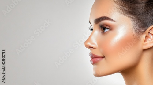 Profile of a woman with glowing skin and sleek hair against a soft gray background, AI