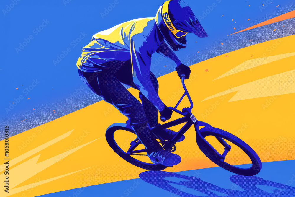 Naklejka premium Intense BMX Action Scene in Stylized Colors. A young rider in a helmet leaning forward, creating a powerful scene with bold contrasting colors and a sense of speed. 