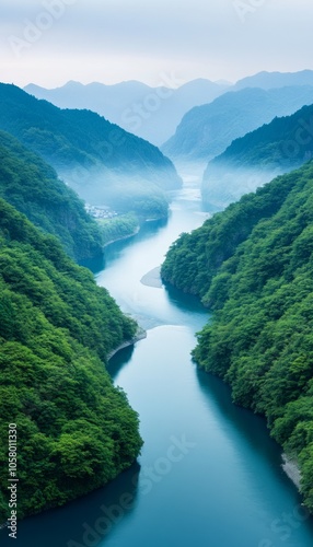 A winding river flows through a misty valley, surrounded by lush green forests.