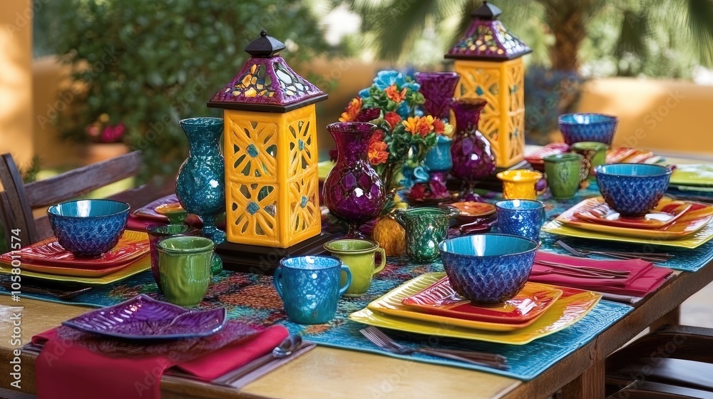Colorful Dinner Table Setup with Lanterns and Dishes Colorful Dinner Table Setup with Lanterns and Dishes