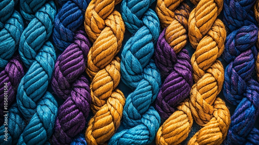 Colorful twisted ropes arranged in vibrant blue, red, and yellow hues ...