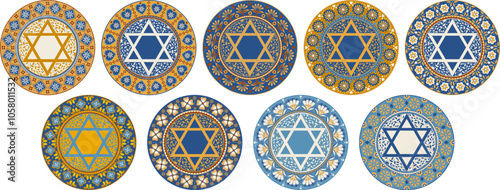 Set of unique mandalas with folk motifs and hexagram. Copy space vintage design
