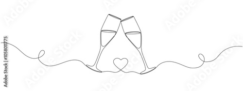 Two champagne glasses clinking with heart shape. drawing continuous single editable line. Vector Design for wedding, romantic concept .