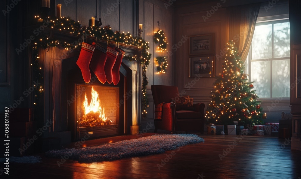 Cozy fireplace scene with stockings hanging, where the flame's light gradients from orange to deep red, warming the room Cozy fireplace scene with stockings hanging, where the flame's light gradients from orange to deep red, warming the room