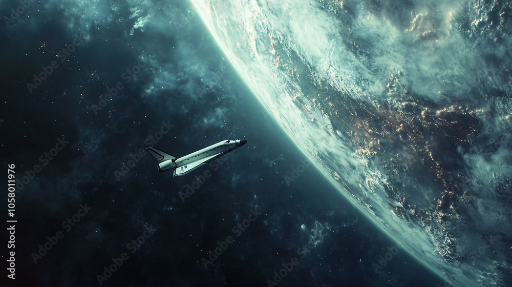 Fototapeta premium space shuttle flying through space, leaving Earth's atmosphere, cinematic, dynamic motion