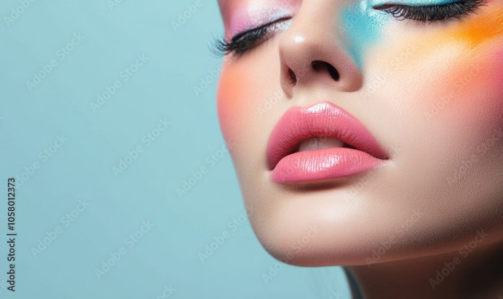 Female face close up with pastel color art makeup, paint on skin on grey background, banner copy space. Female face close up with pastel color art makeup, paint on skin on grey background, banner copy space.