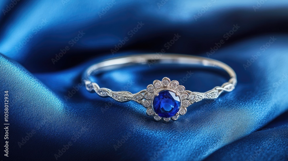 Elegant Blue Gem and Silver Bracelet on Silk Fabric Elegant Blue Gem and Silver Bracelet on Silk Fabric