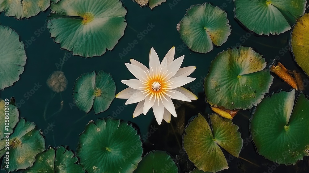 Elegant Water Lily Surrounded by Green Leaves Elegant Water Lily Surrounded by Green Leaves