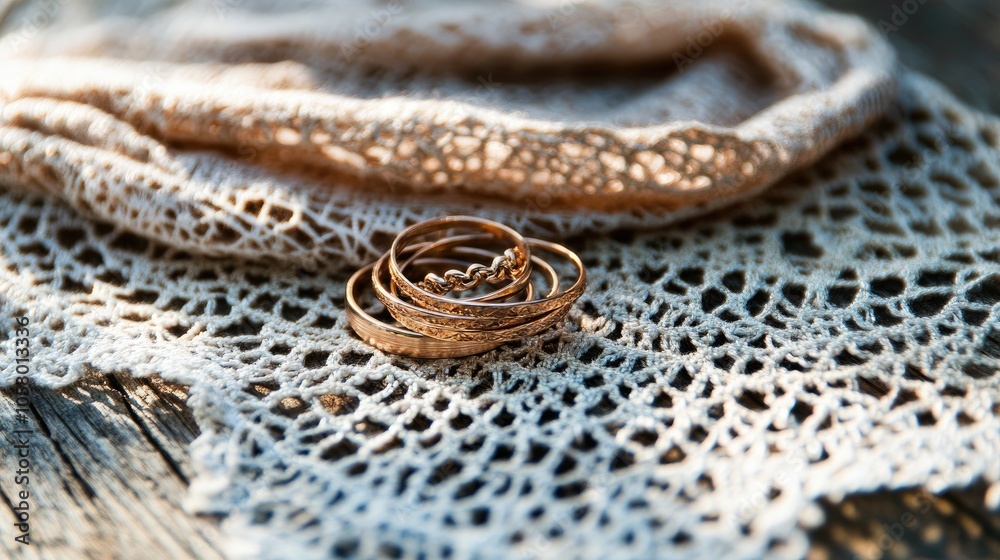 Delicate Rose Gold Rings on Lace Background Delicate Rose Gold Rings on Lace Background