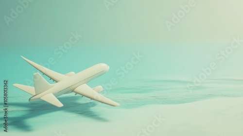 A minimalistic airplane model floating in serene water, symbolizing travel, freedom, and adventure in a calming environment.