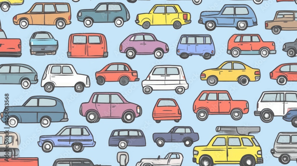 Cars top view. City vehicles. Personal or public transport. Auto park. Moving through streets. Taxi cab. Police automobile. SUV pickup. Trailer van. Road drive traffic