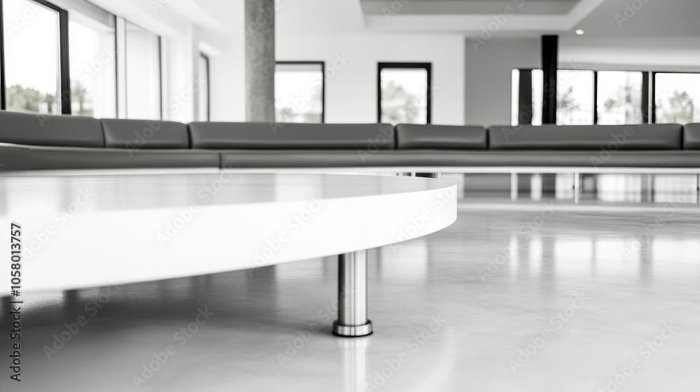 A modern indoor space featuring a sleek white table and gray seating, with ample natural light and minimalist design elements. A modern indoor space featuring a sleek white table and gray seating, with ample natural light and minimalist design elements.
