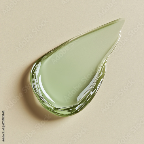 Green gel swatch on a beige background. Aloe vera or herbal facial serum texture.