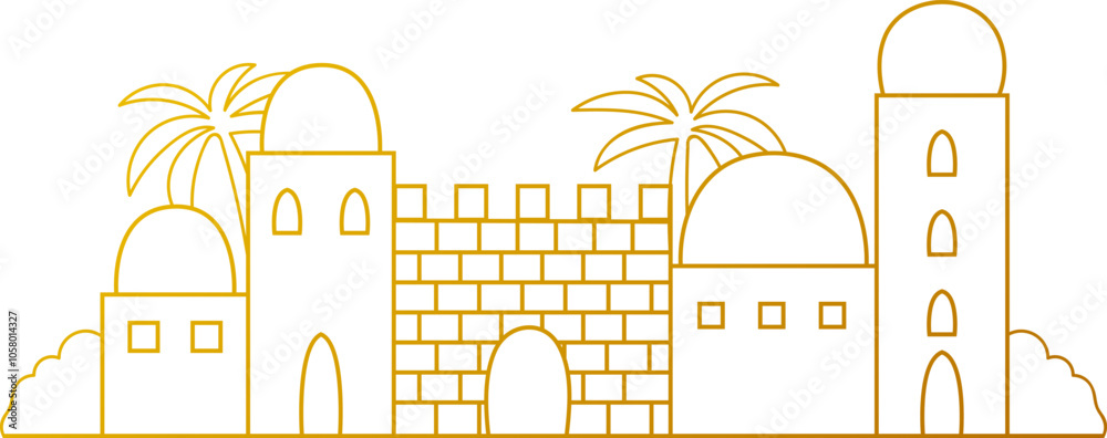 Fototapeta premium Ancient biblical city linear golden gradient front scene. Architecture vector decorative element