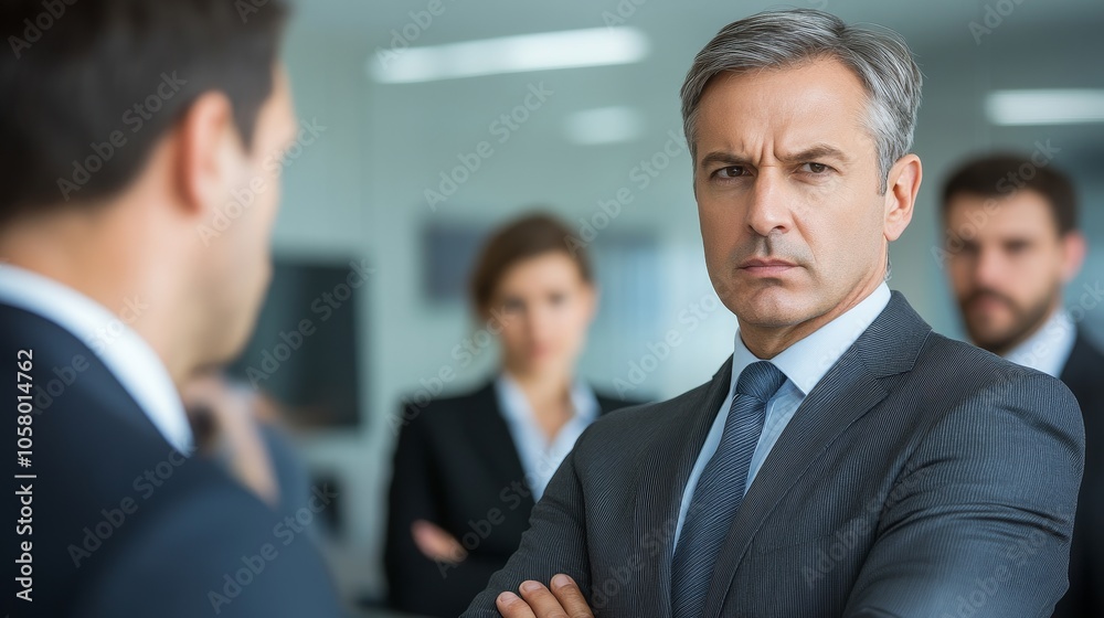 A diverse group of business professionals engaged in a serious discussion, with a focus on a man in a suit displaying a stern expression A diverse group of business professionals engaged in a serious discussion, with a focus on a man in a suit displaying a stern expression