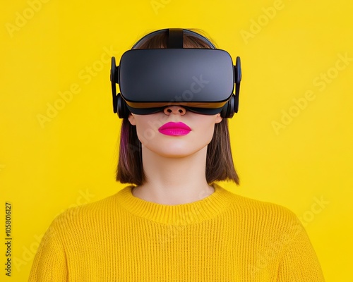 A woman wearing a VR headset, facing the camera with a yellow background.