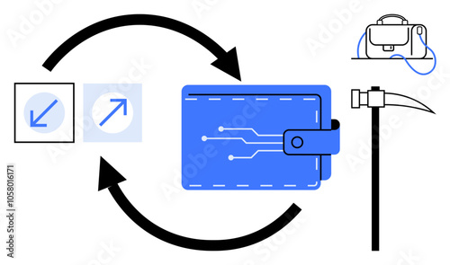 Blue digital wallet, crypto mining hammer, pickaxe, exchange arrows pointing both directions, and circuit icons. Ideal for finance, cryptocurrency, blockchain tech, digital transactions, fintech