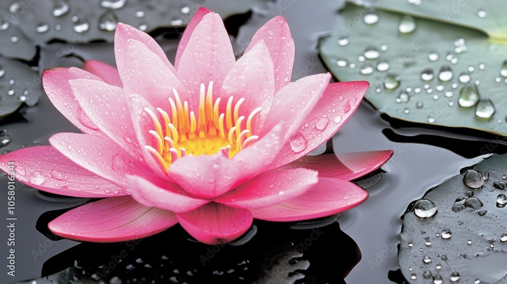 Elegant Pink Water Lily with Dew Drops on Black Water Elegant Pink Water Lily with Dew Drops on Black Water