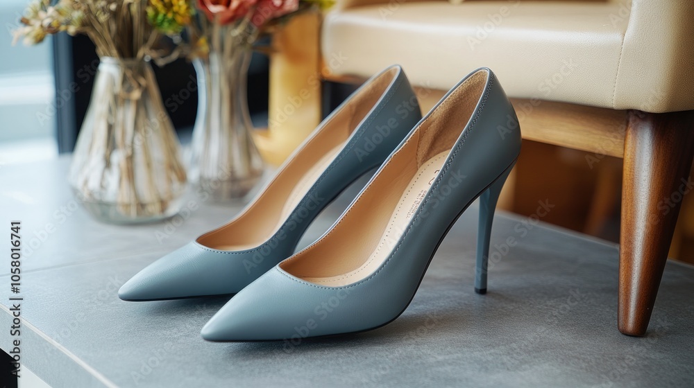 Elegant Gray High Heels on Display in Modern Setting Elegant Gray High Heels on Display in Modern Setting