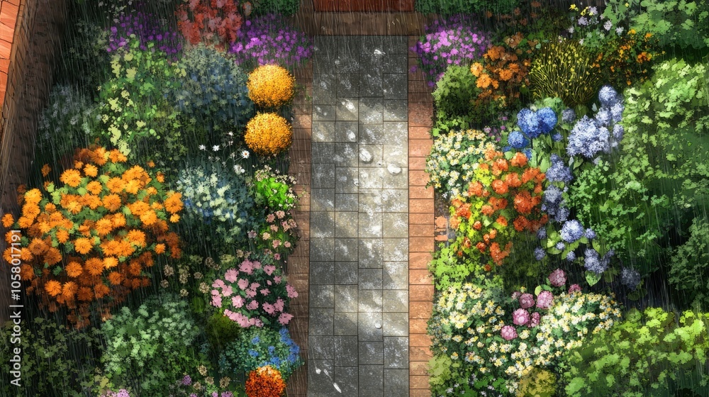 Naklejka premium Lush Garden Pathway After Rainfall