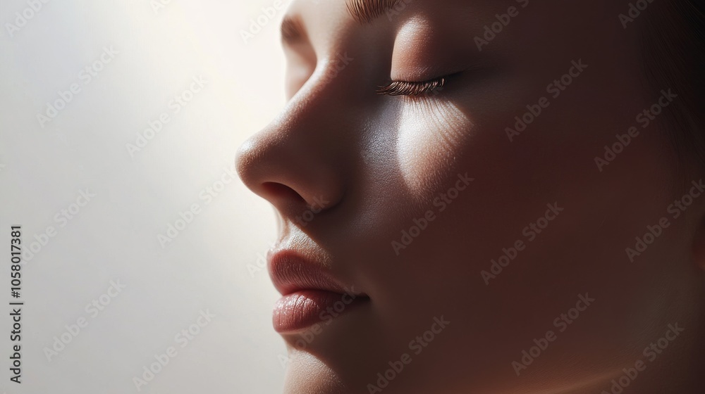 A serene profile of a woman captured in soft light, embodying peace and tranquility with gentle facial features. A serene profile of a woman captured in soft light, embodying peace and tranquility with gentle facial features.