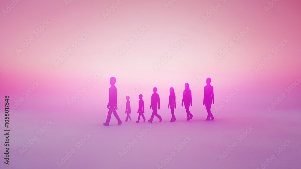 A serene silhouette of figures walking in a soft pink atmosphere, symbolizing growth and journey towards the horizon. A serene silhouette of figures walking in a soft pink atmosphere, symbolizing growth and journey towards the horizon.