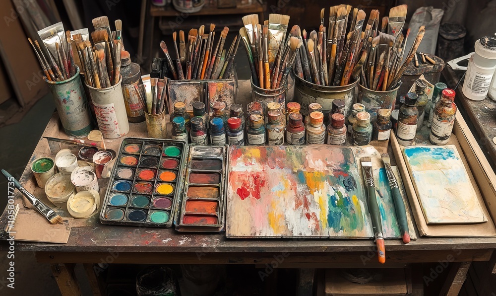 Art supplies like paints and brushes Art supplies like paints and brushes