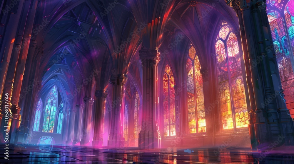 Gothic Cathedral Interior, soaring columns and intricate ribbed vaults, illuminated by vibrant hues filtering through exquisite stained glass windows Gothic Cathedral Interior, soaring columns and intricate ribbed vaults, illuminated by vibrant hues filtering through exquisite stained glass windows