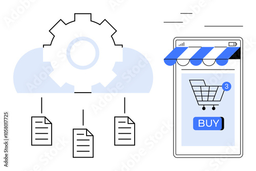 Mobile device storefront with shopping cart icon, cloud connected to documents by a gear mechanism. Ideal for e-commerce, cloud computing, automation, online shopping, mobile apps. Simple line art