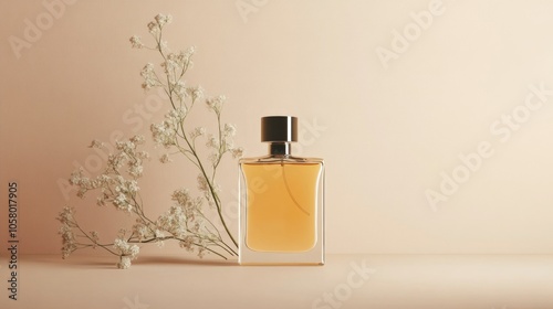 Elegant perfume bottle mockup on neutral background with delicate white flowers for product presentation and branding