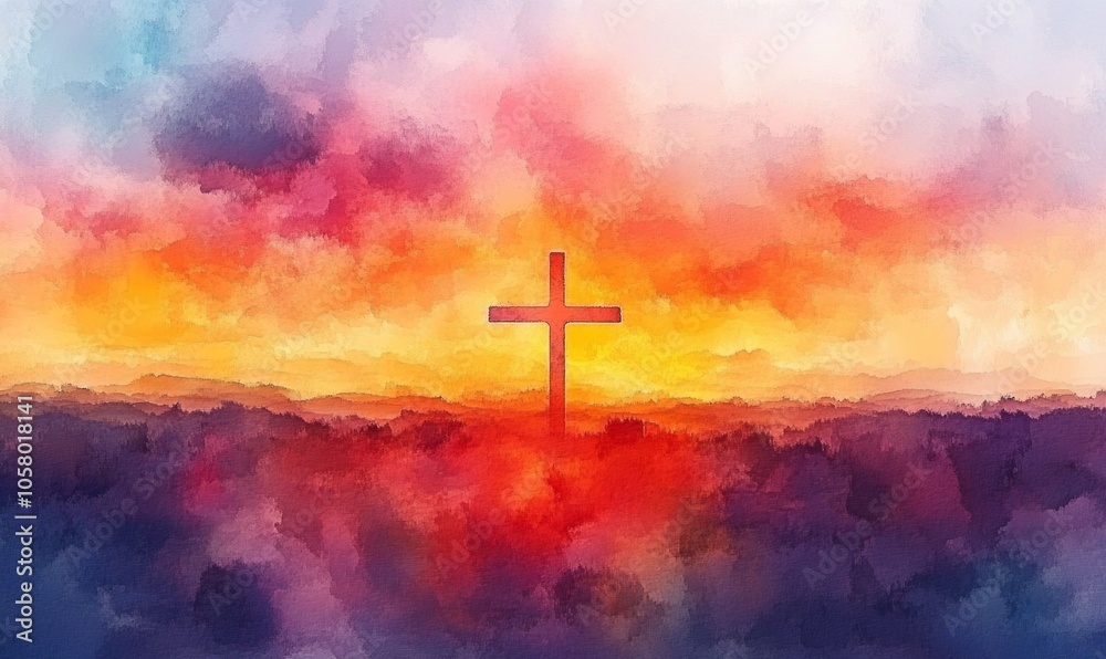 Obraz premium blurry abstract background Painting in watercolor depicting a conceptual cross or other religious symbol over a sky at sunset with clouds as God.