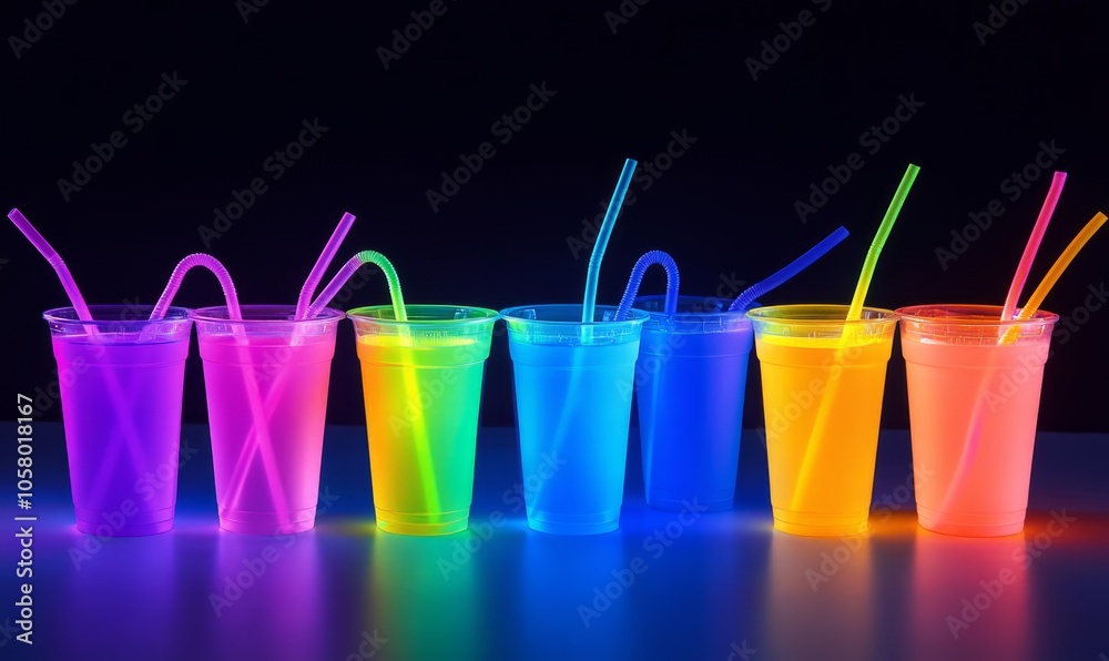 Bright neon cups with colorful straws create vibrant atmosphere Bright neon cups with colorful straws create vibrant atmosphere